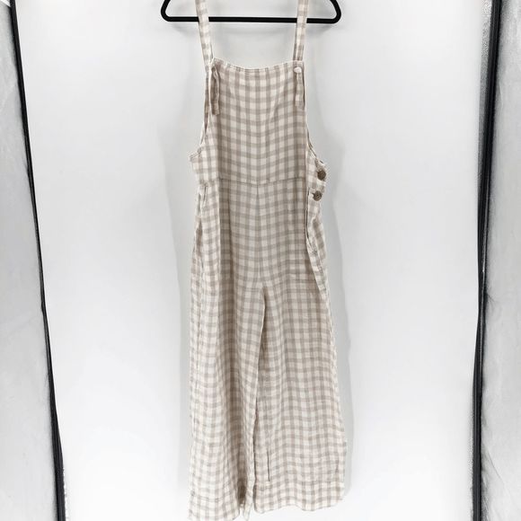 Lou & Grey Women's Cream Beige Gingham 100% Linen Overalls Size M - Picture 2 of 9
